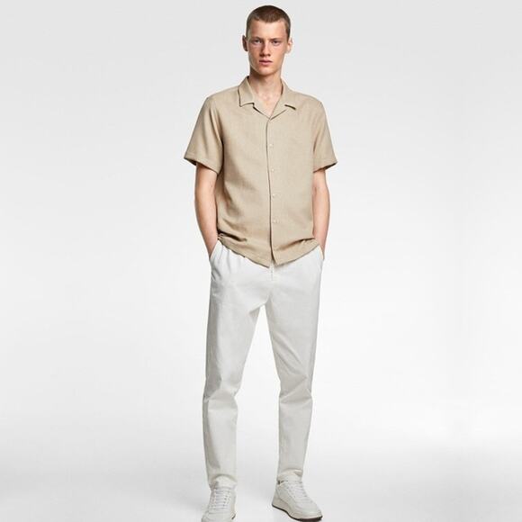 2/$30 ZARA Men Short Sleee Button Down Shirt Tan Medium #8339 - Picture 3 of 9
